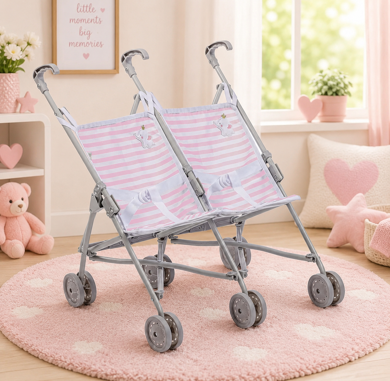 Double stroller with pink and white striped canopy in a child's room.