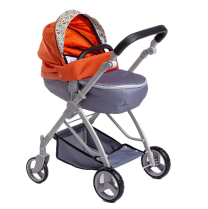 A deluxe folding sports pram stroller for dolls, with a gray frame and orange accents, from the Berenguer Boutique Nature Theme Collection.