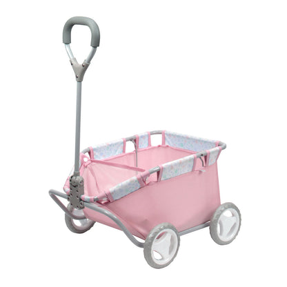 A pink floral folding pull along wagon for dolls, with a metal frame and plastic wheels, designed by JC Toys.