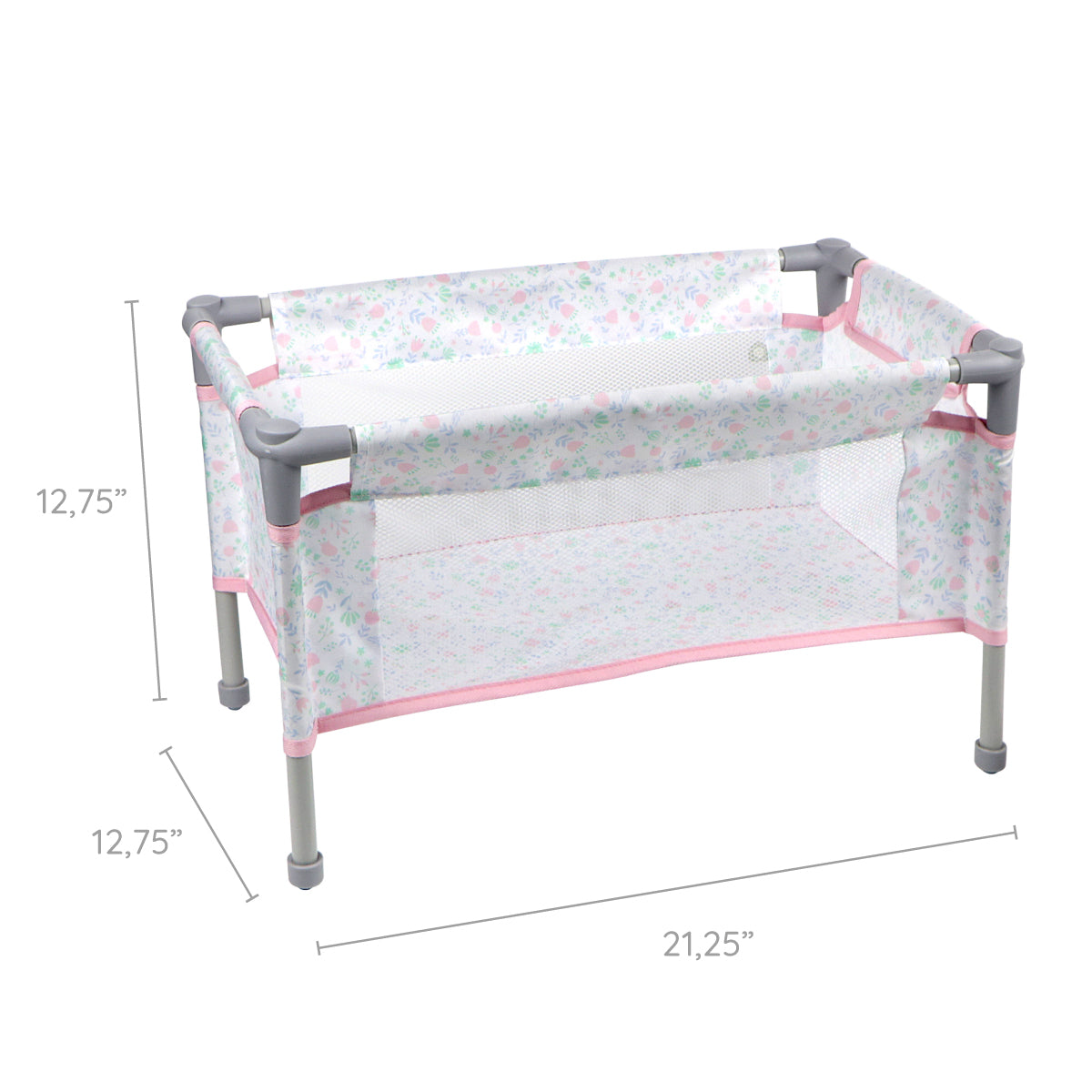 Portable baby crib with floral pattern and dimensions on a white background