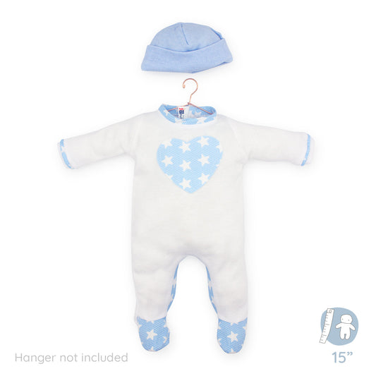 White and Blue Onesie and Hat for 15" Newborn (18056)