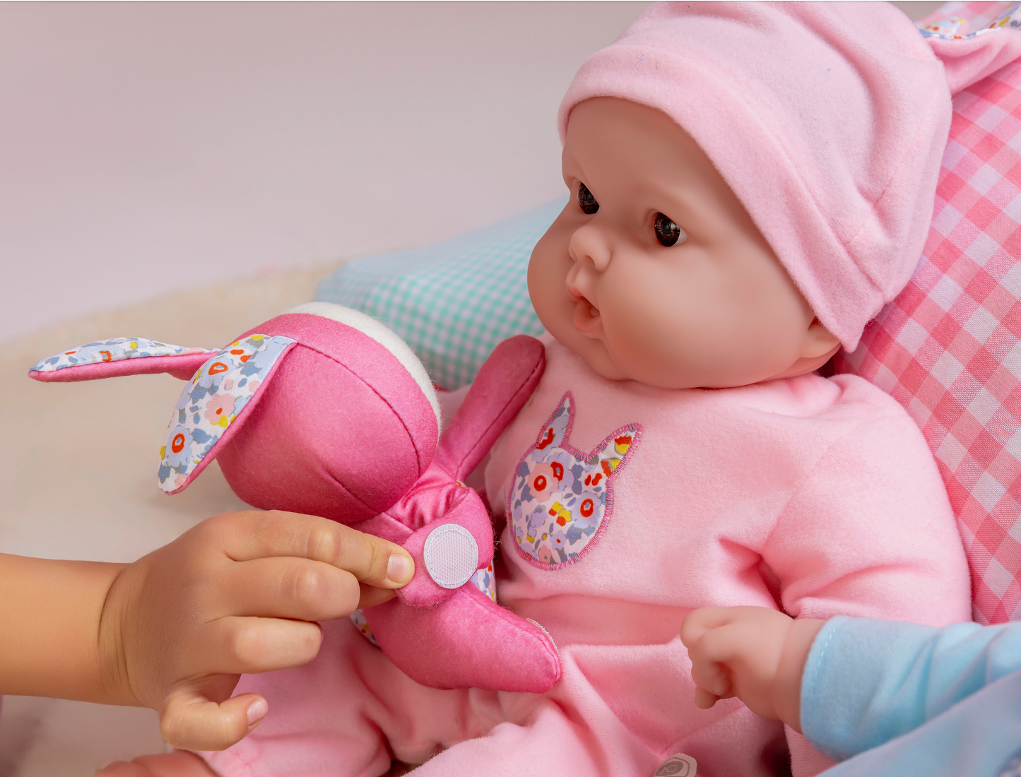 JC Toys Lots to Cuddle Babies 15” Soft Body Doll with Bunny Friend – Includes Plush with Velcro Attachment, Pink Outfit