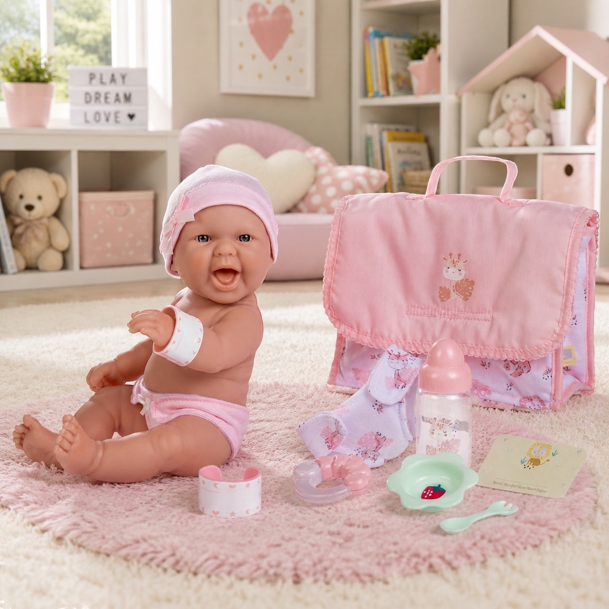B2B JC Toys USA Baby Doll and Diaper Bag Playset. A baby doll in a pink hat and diaper sits on a pink rug with a pink diaper bag and accessories.