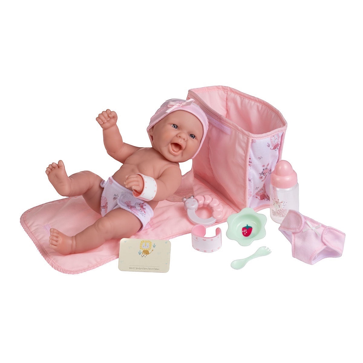 B2B JC Toys USA Baby Doll and Diaper Bag Playset with doll, pink hat, diaper, bottle, bowl, spoon, fork, teething ring, bracelet, and diaper bag.