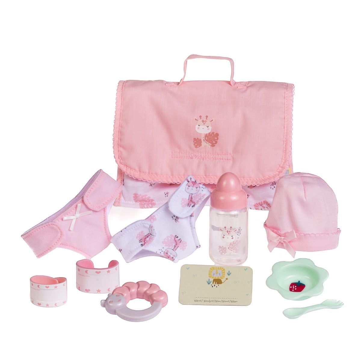 B2B JC Toys USA Baby Doll and Diaper Bag Playset with pink accessories including a diaper, bib, bottle, hat, bowl, spoon, and teething ring.
