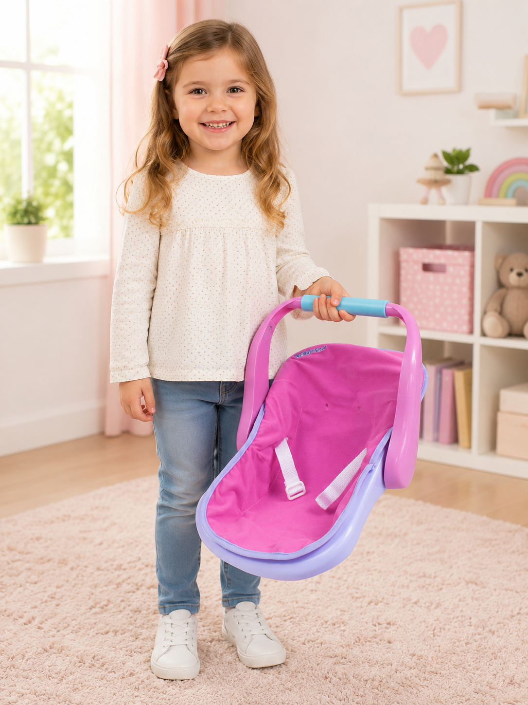 Child holding a pink and purple baby carrier in a room with a bookshelf and teddy bear.