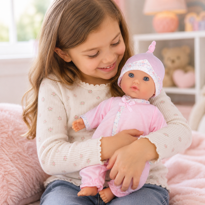 Young girl holding a baby doll in a cozy room with soft lighting