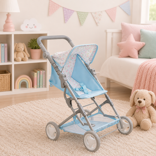 Children's stroller with floral canopy in a room with toys and decor