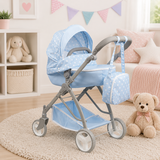 Blue baby stroller with matching bag in a room with toys and decor