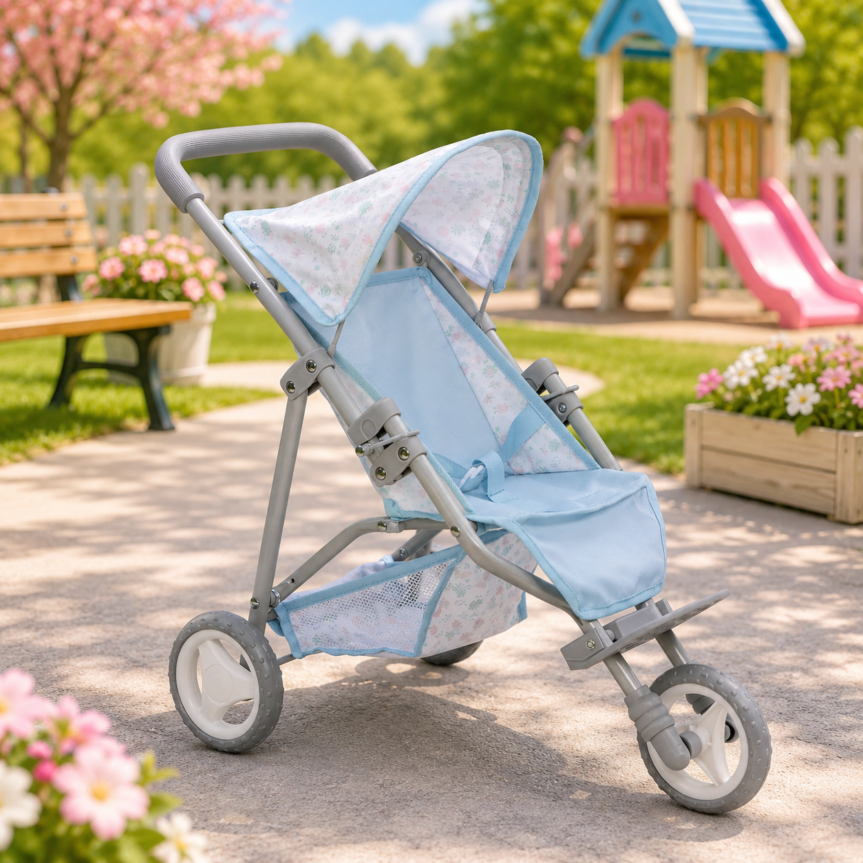 Pink toy wagon with plush toys in a child's room
