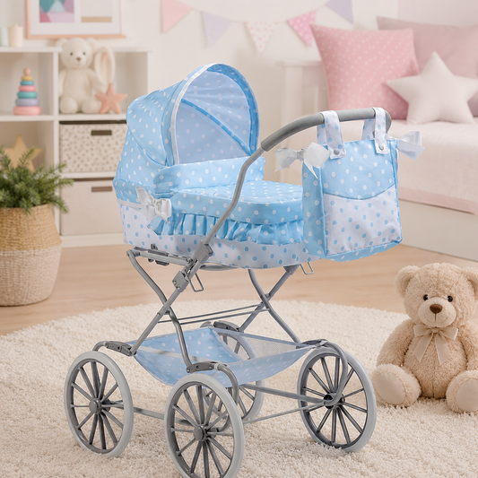 Doll pram with blue canopy in a child's room with toys and furniture.