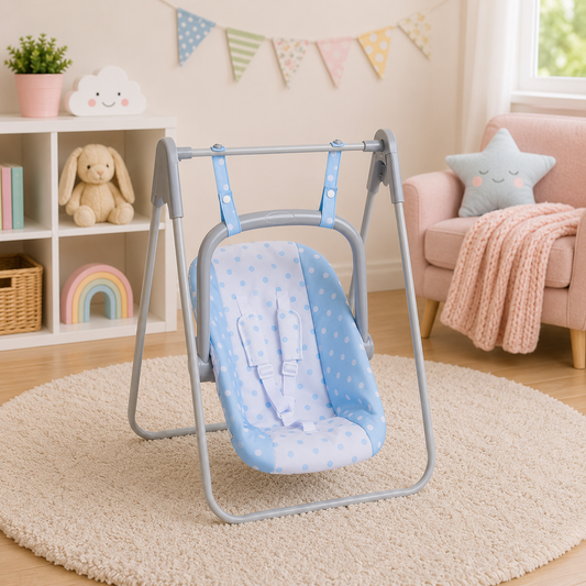 A blue and white baby doll swing and portable carrier with a dotted pattern, designed for dolls up to 18 inches.