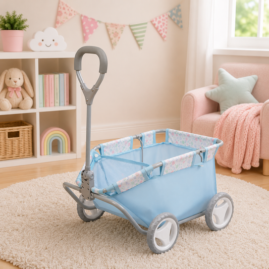 Children's blue and gray toy wagon in a room with a bookshelf and chair.