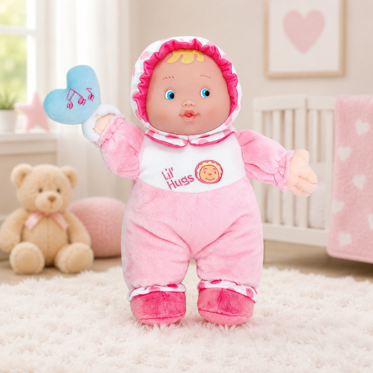 Plush baby doll in pink outfit with heart-shaped toy in a nursery setting