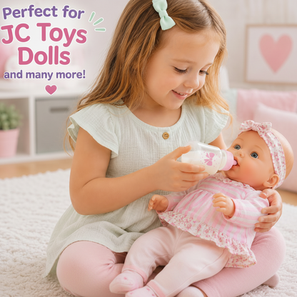 child feeding a baby doll with pink  bottle