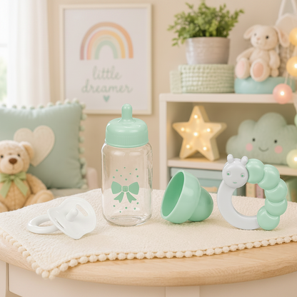 mint green bottle and accessories on a blanket