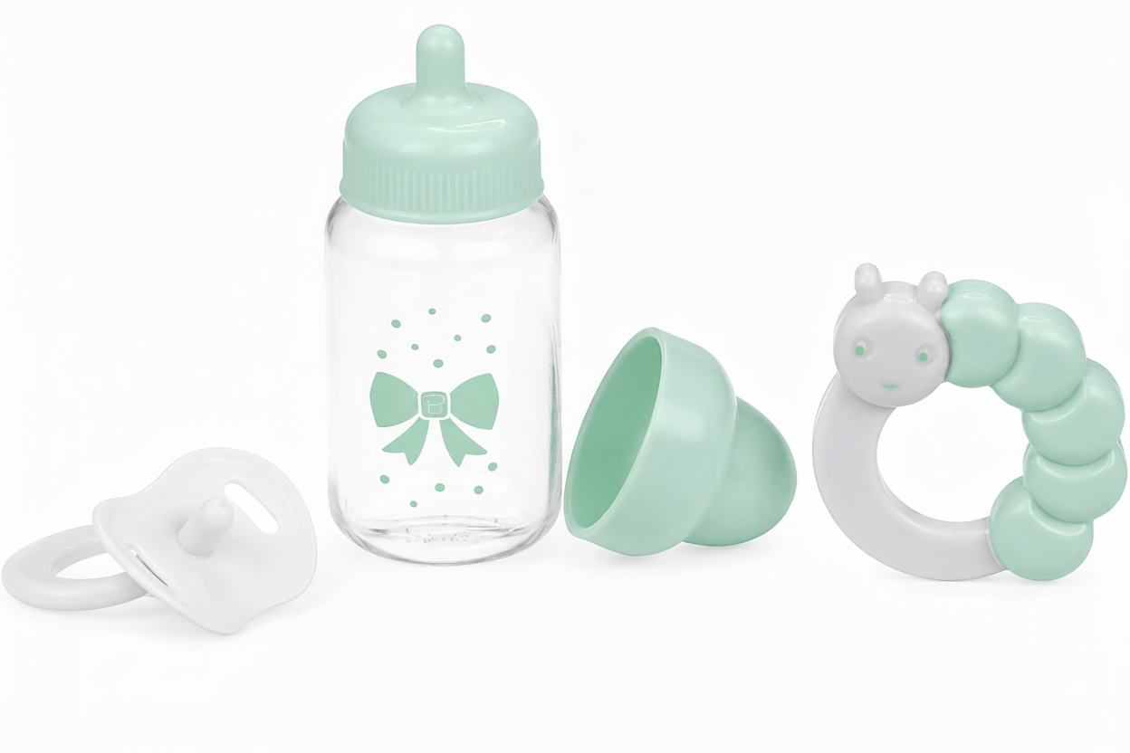 mint green bottle with cap and pacifier and rattle