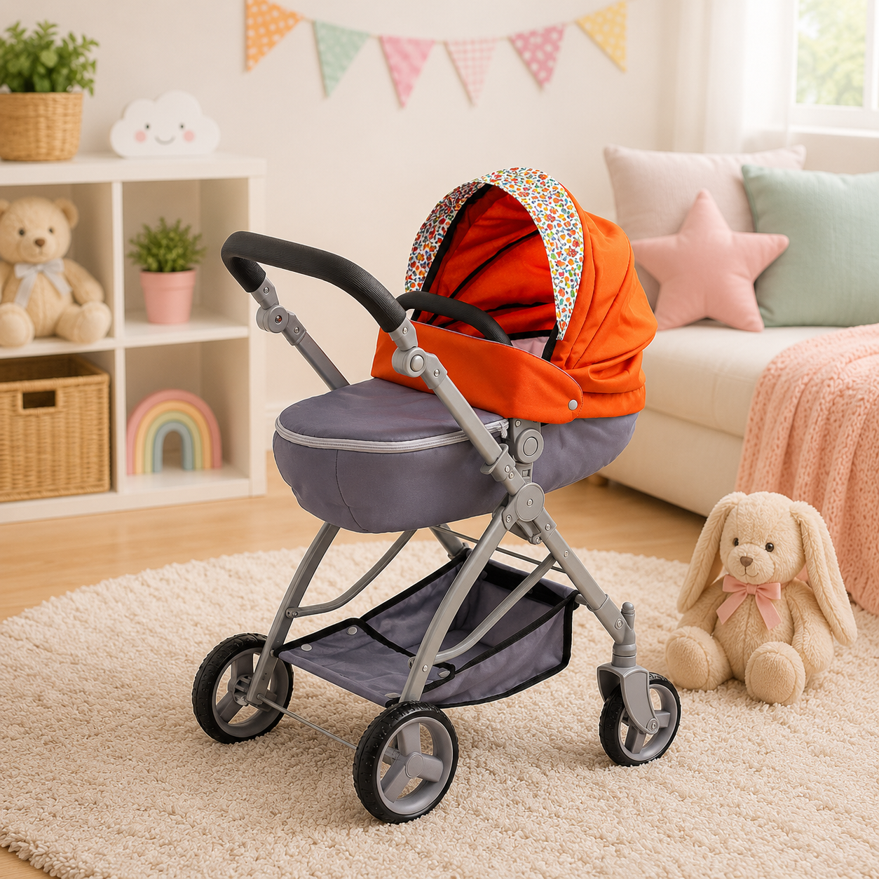 Children's stroller with orange cover in a room with toys and decor