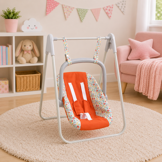 Children's swing with floral seat cover in a room setting
