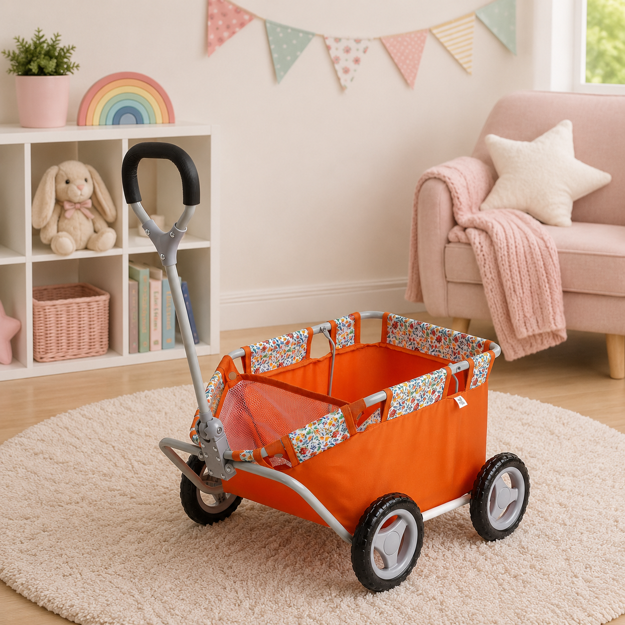 Nature Themed children's wagon with floral patterned sides in a room with a shelf and chair.