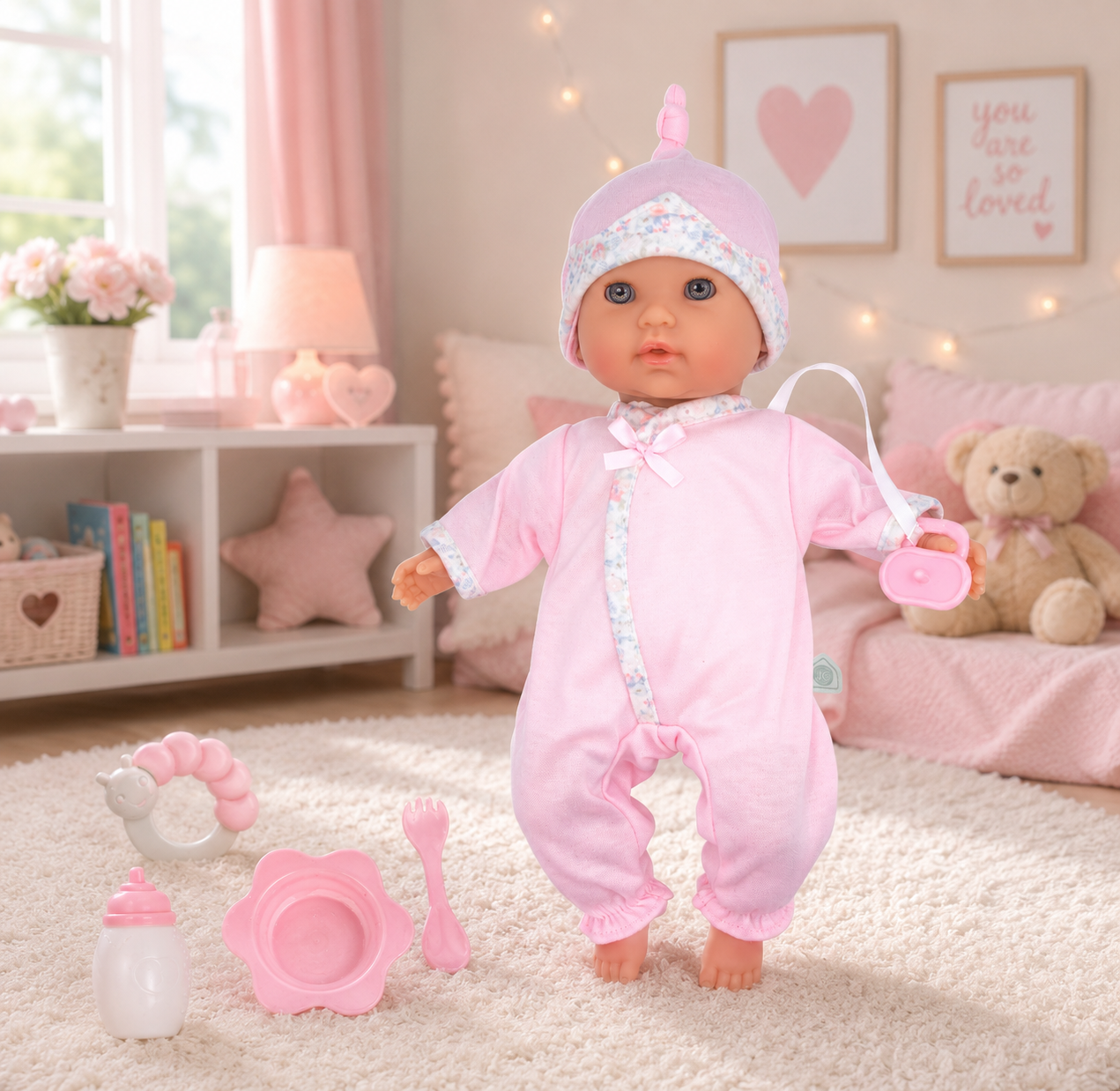 Baby doll in pink outfit with accessories on a carpeted floor in a room with decor elements.