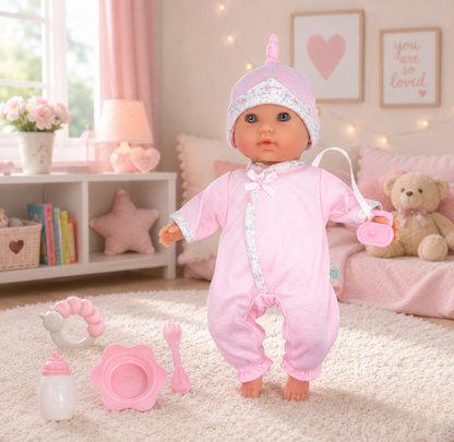 Baby doll in pink outfit with accessories on a carpeted floor in a room with decor elements.