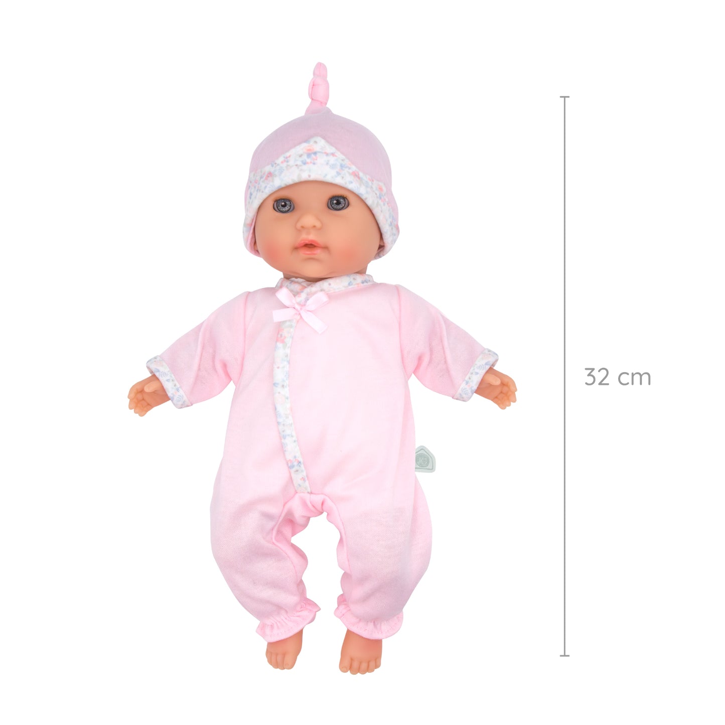 Baby doll in pink outfit with matching hat, standing on a white background with dimensions indicated.
