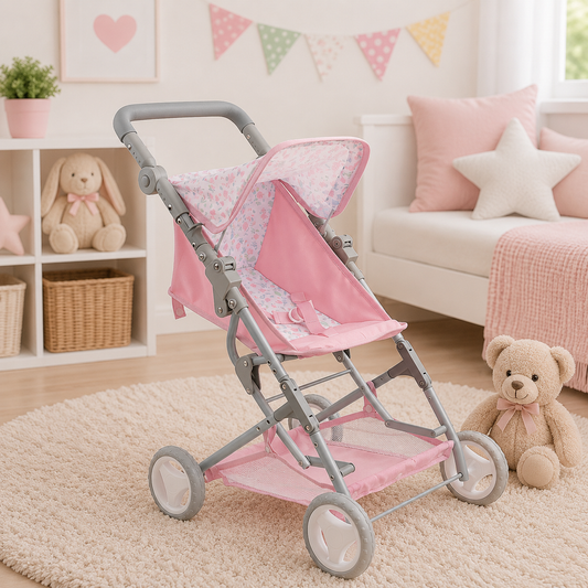 Pink and gray stroller in a child's room with toys and decor.