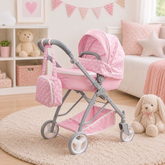Pink toy wagon with plush toys in a child's room
