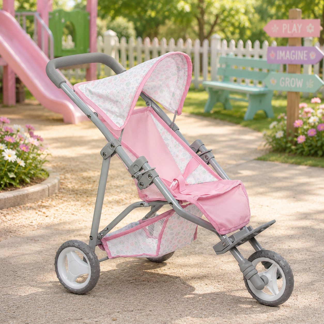 
A folding deluxe jogger for dolls, predominantly pink with gray accents, featuring a floral pattern and a sunshade.
