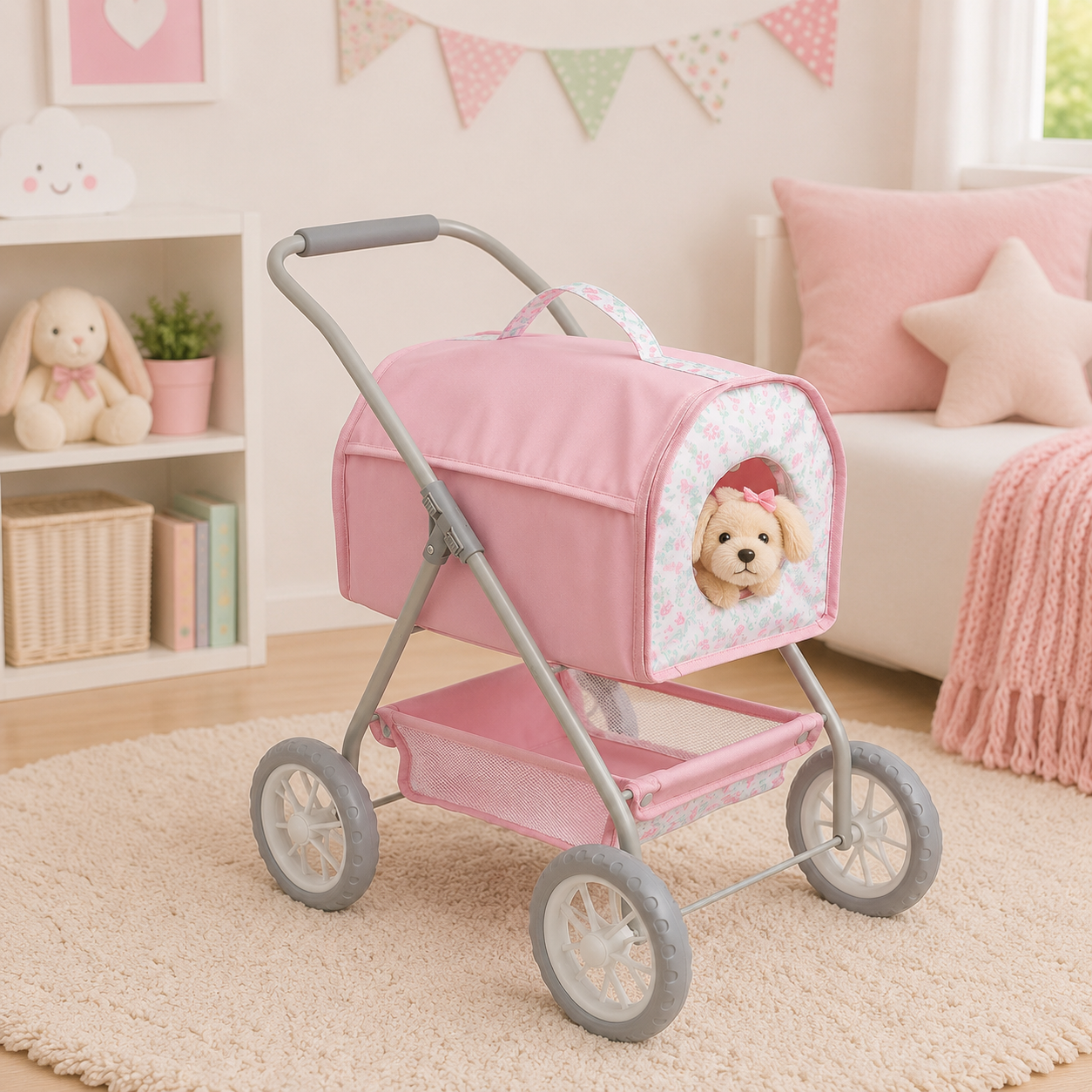 Pink doll stroller with a dog design in a child's room