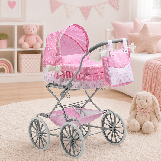 Pink polka dot doll pram in a child's room with toys and decor.
