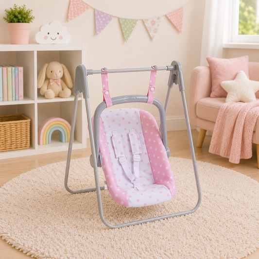 Pink baby swing in a child-friendly room with toys and books.