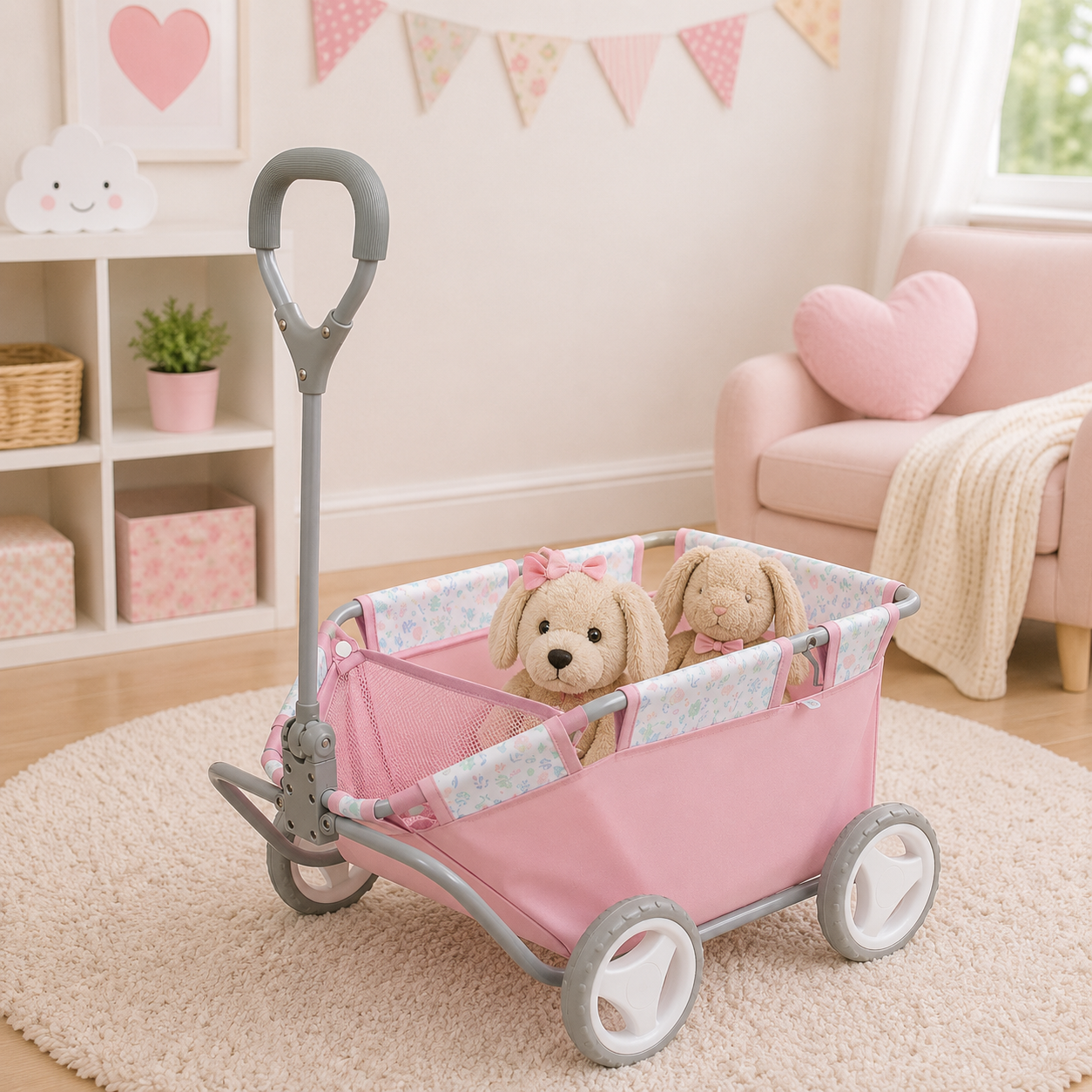 Pink toy wagon with plush toys in a child's room