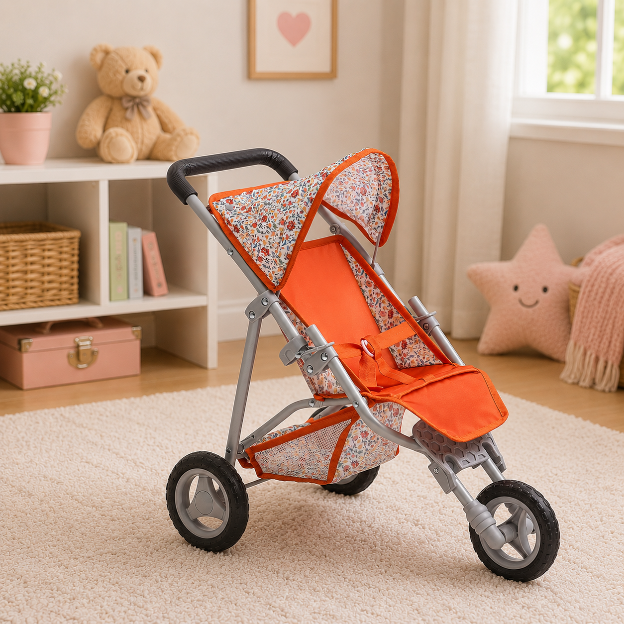 “Orange floral doll jogger stroller with canopy in a cozy kids playroom setting for pretend play and dolls up to 18 inches.”
