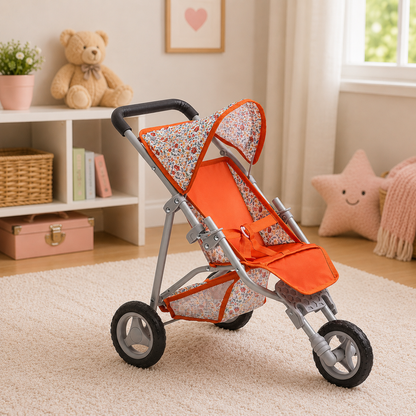 “Orange floral doll jogger stroller with canopy in a cozy kids playroom setting for pretend play and dolls up to 18 inches.”
