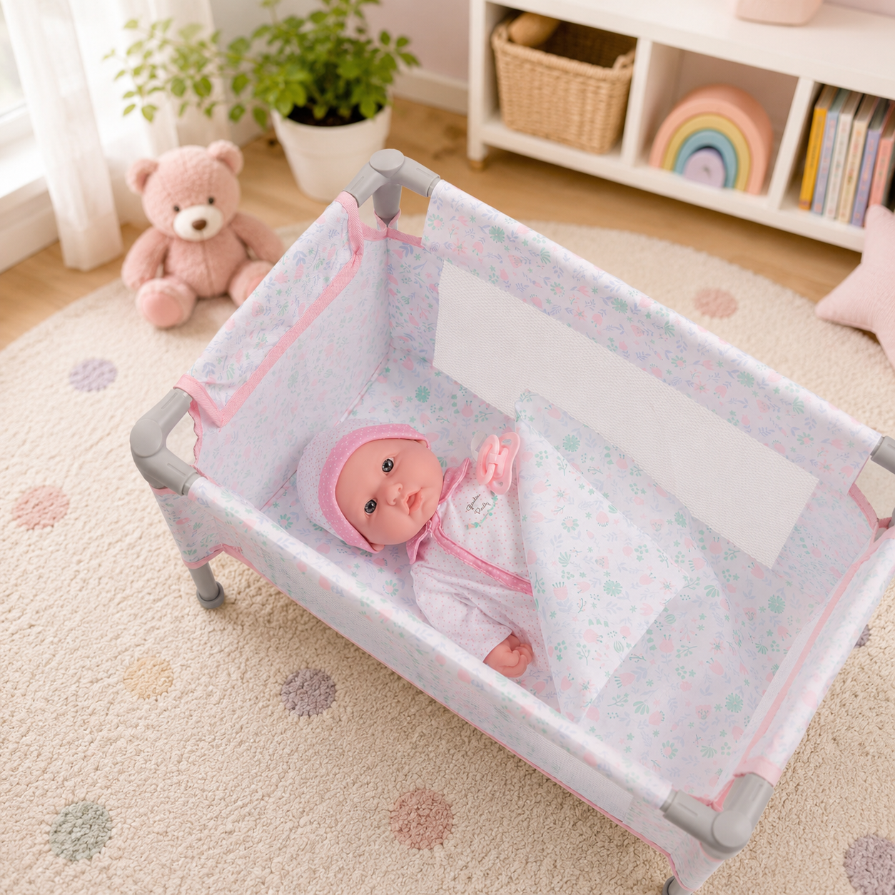 “Baby doll resting in a pink floral portable doll playpen and folding crib in a cozy nursery playroom setting.”
