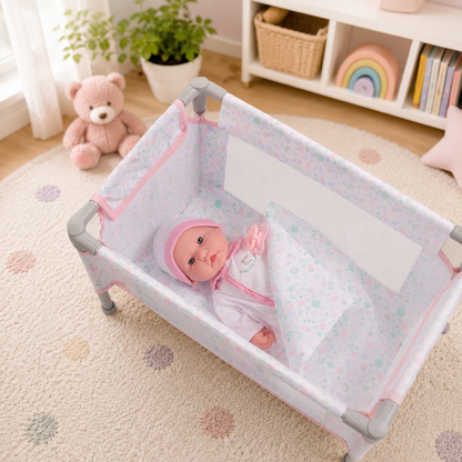 “Baby doll resting in a pink floral portable doll playpen and folding crib in a cozy nursery playroom setting.”

