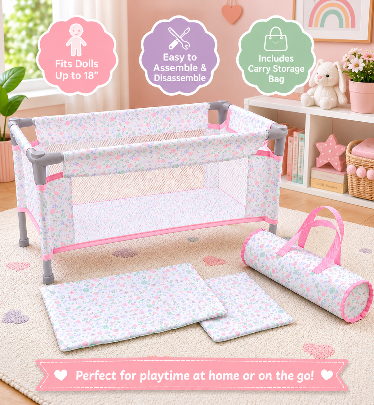 Portable floral doll playpen and folding doll crib with carry storage bag, fits dolls up to 18 inches, shown in a cute kids room